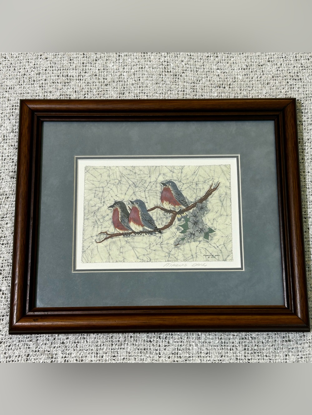 Vintage 80s Framed Botanical Bird Art Print in Blue, Pink and Brown